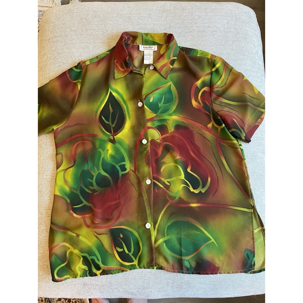 Vintage Borsellini 18W Women's Colorful Abstract Floral Blouse Button Up